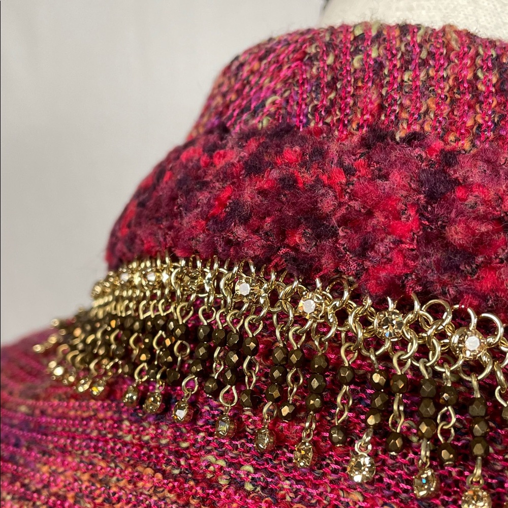 ST. JOHN couture Tweed Jacket Rich Burgundy gold crystal chain beaded fringe - Picture 6 of 17